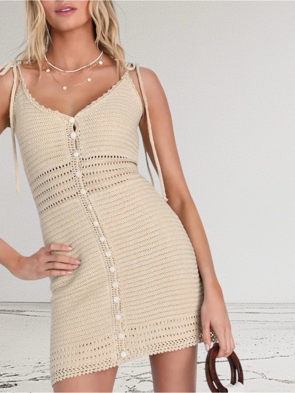 Olive + Oak Beige Crochet Mini Dress Button Front Tie Straps Size Small Boho
